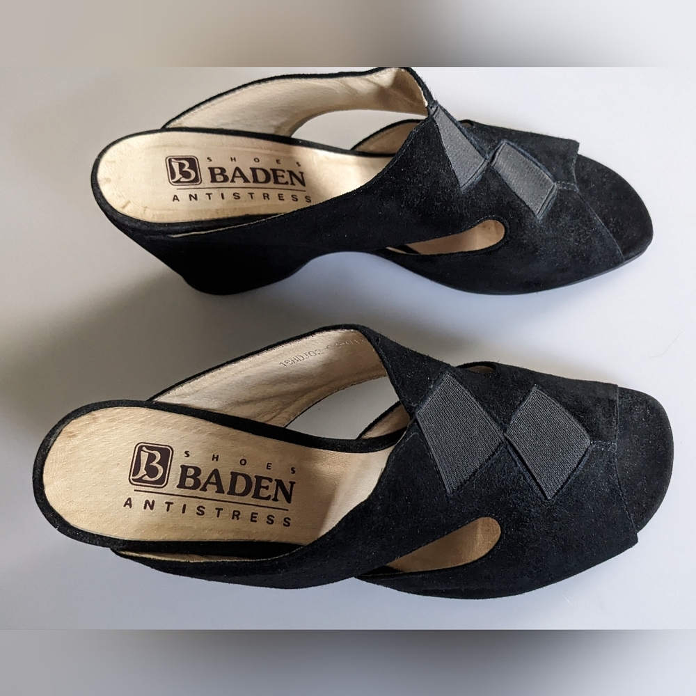 Baden Women's Black Leather Suede Anti-stress Wedges Slides. Size 7.5-8 (38 EU)